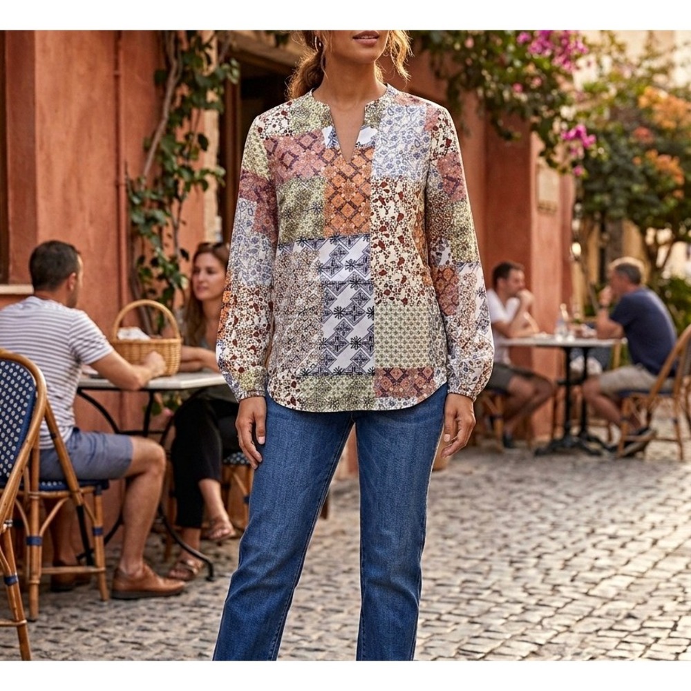 Belle Boho by Kim Gravel Patchwork Poplin V-Neck Pullover Blouse XS Multi